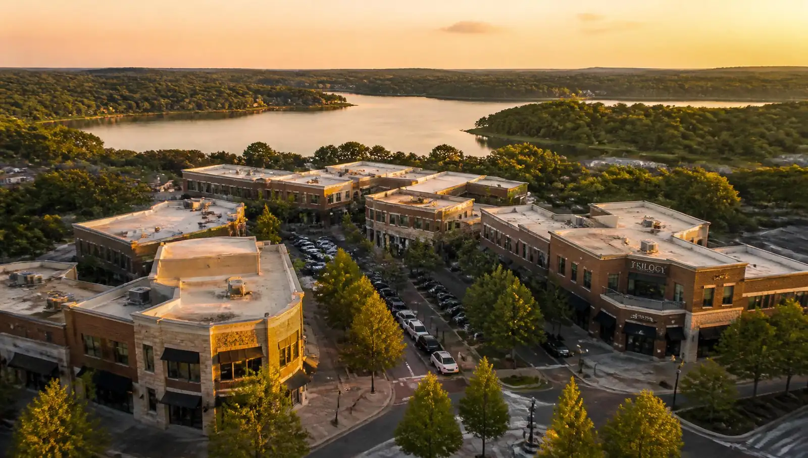 Flower Mound, Texas lakeside town center at golden hour